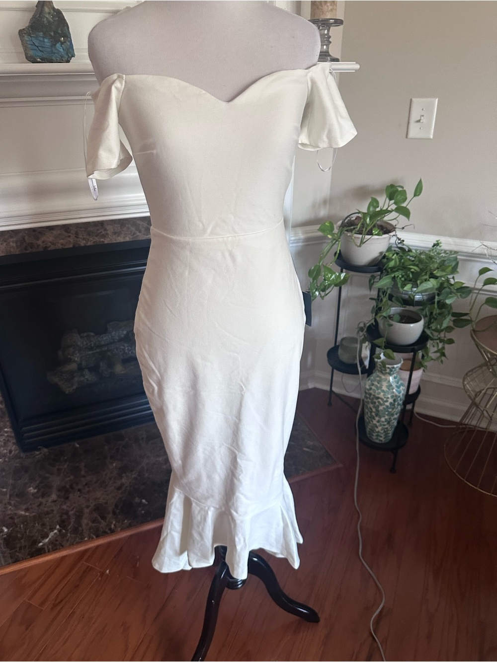 Lulus Off-Shoulder White Midi Dress with Flounce Hem Sz S